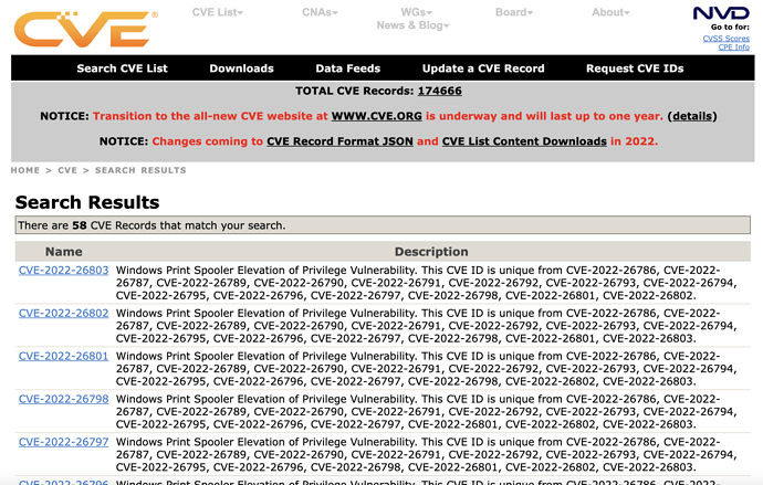 List of CVE records for Windows Print Spooler