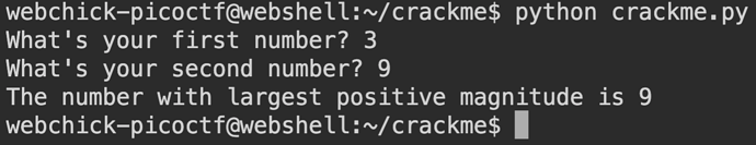 CLI asks for first number, 3 second number, 9 and says the one with the largest positive magnitude is 9