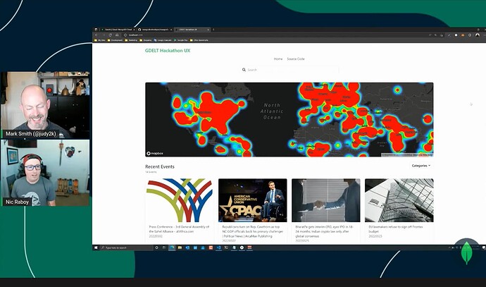 Website with a geographic heatmap and list of articles