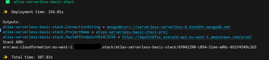 The image is a terminal screen with command line output related to an AWS CloudFormation stack deployment. The instruction "Click 'Rest API Endpoint' to see if the Lambda function returns a response" is guiding the user to test the deployed Lambda function by accessing the provided API Gateway URL. This is a common post-deployment step to verify that a serverless application's endpoint is operational and the Lambda function is executing as expected. When this URL is accessed (via a web browser or a tool like curl), it should invoke the Lambda function, which will process the request and return a response.