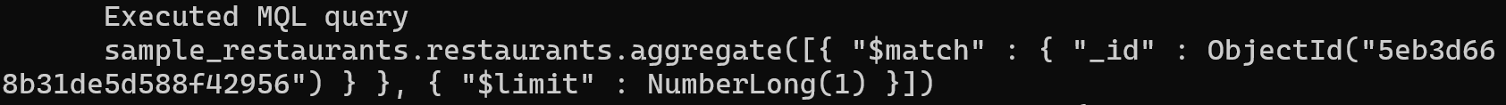 Logging showing an aggregation query to match on an object id and limit to 1 result