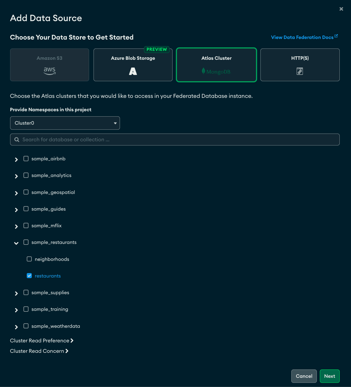 The Add Data Source screen showing MongoDB Atlas Cluster selected, along with our collection restaurants.