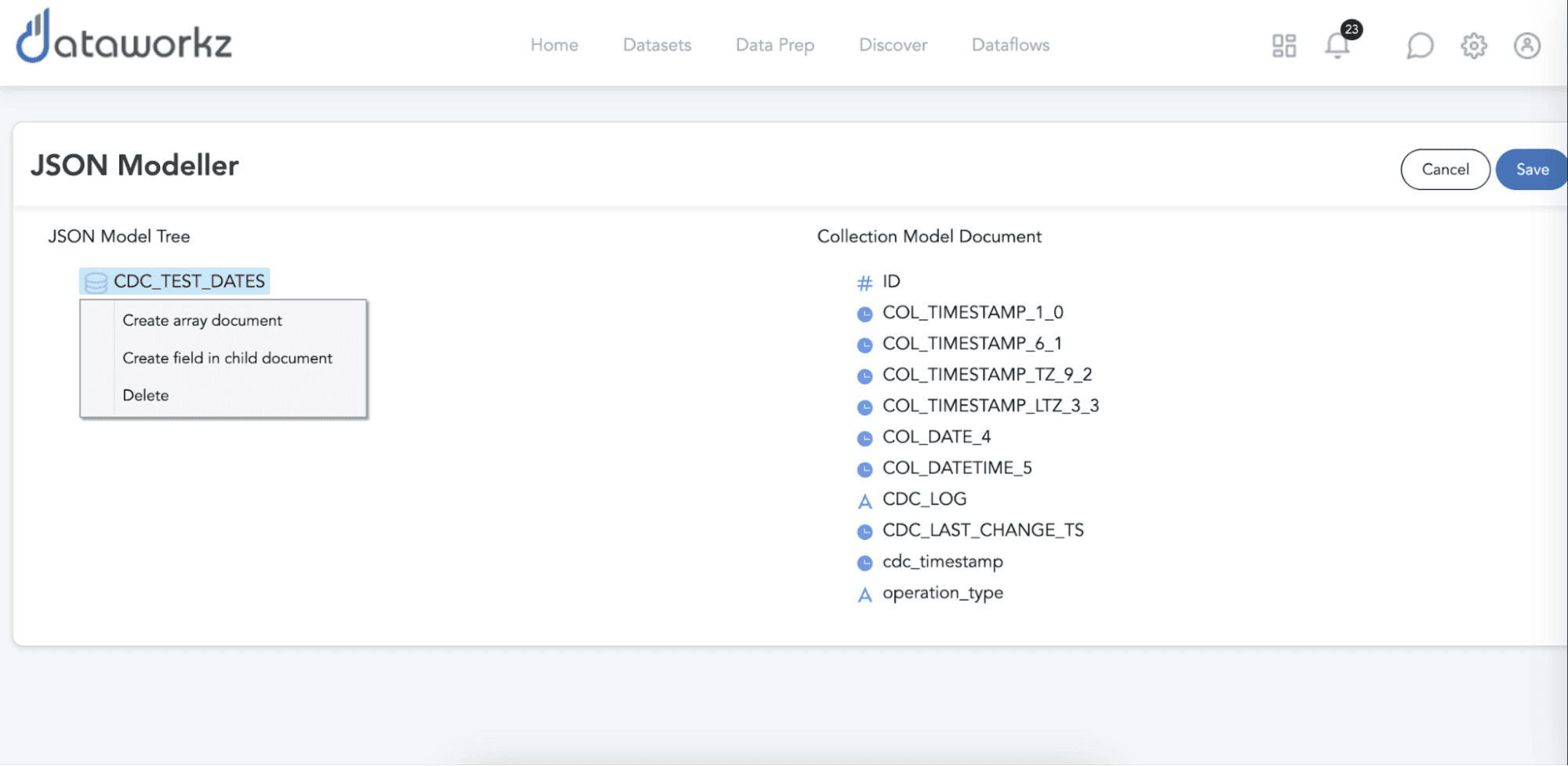 JSON modeling screen in Dataworkz