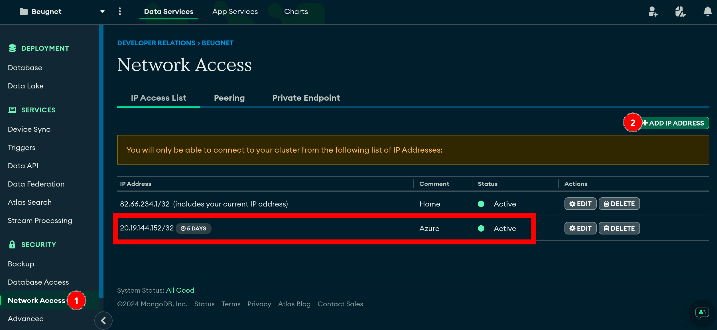 Add IP address in the Network Access list in Atlas