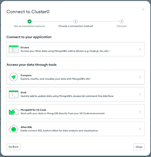 Modal window providing information on accessing a MongoDB Atlas deployment