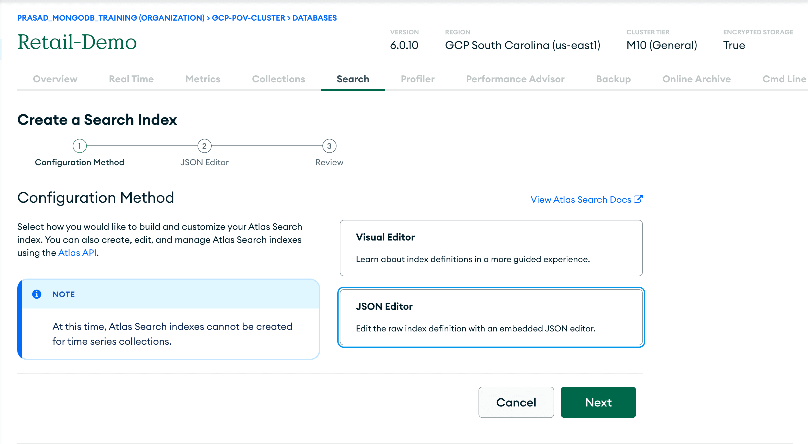 Overview of the JSON Editor functionality in the Search Configuration panel for MongoDB Atlas