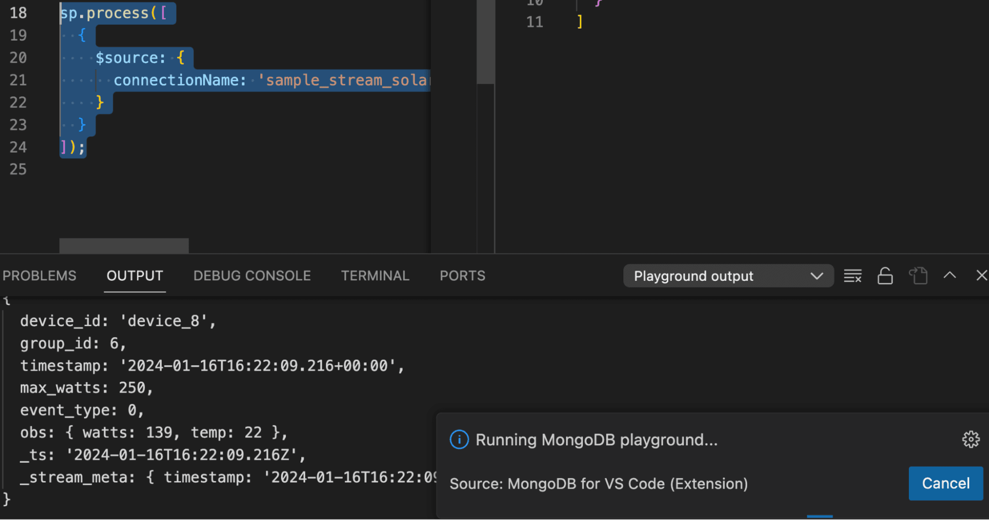 VS Code output window showing streaming results