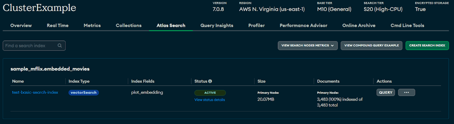 (Atlas UI showcasing Vector Search deployment)