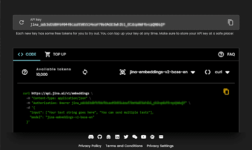 Getting a token to access Jina Embeddings from the Jina AI website
