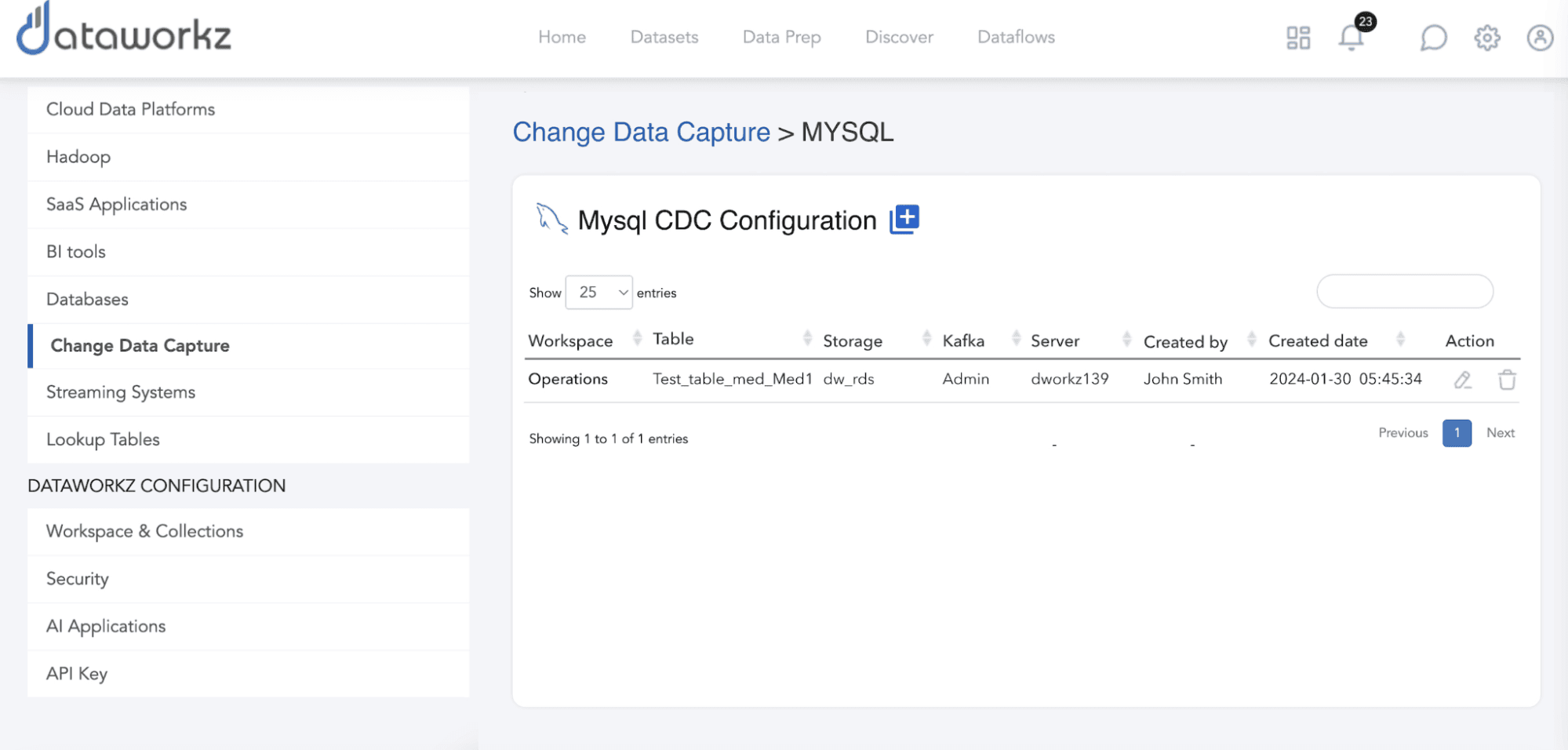 Dataworkz MySQL CDC configuration showing up in list