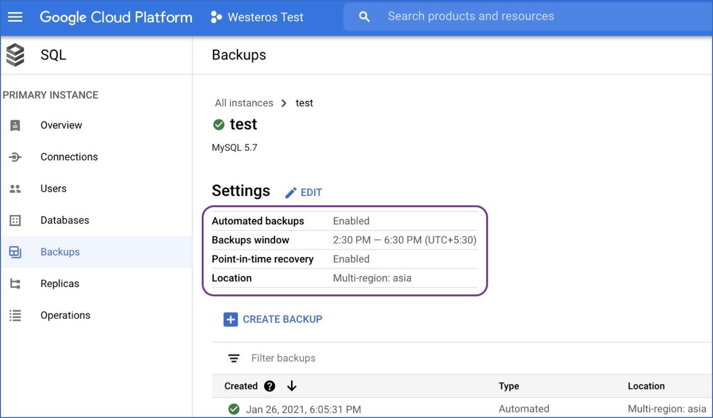 GCP Backup Settings