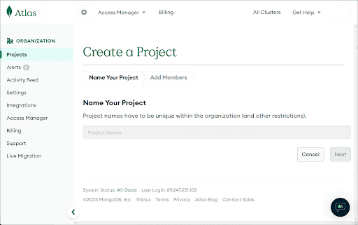 Mongo Atlas "Create a Project" screen