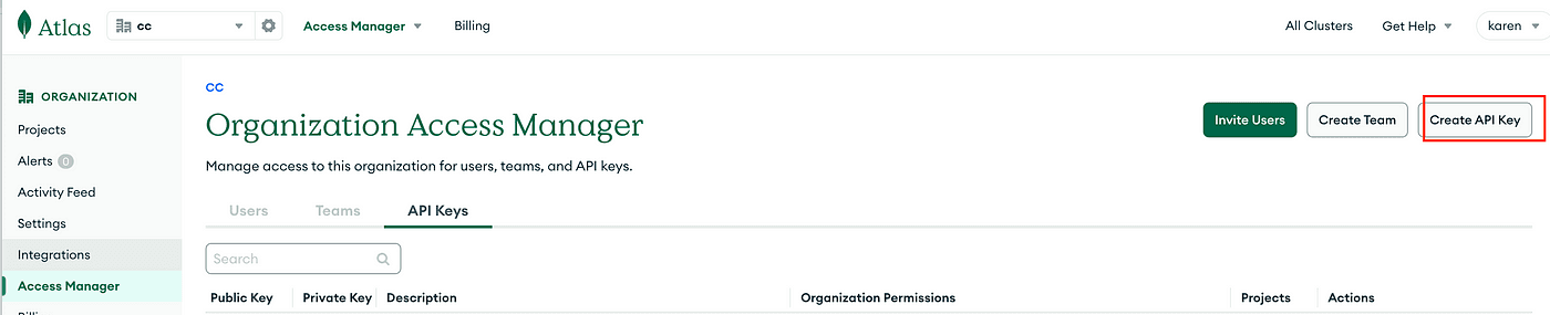 Capture where to create an API key(screenshot from the Atlas UI representing the Organization Access Manager section)