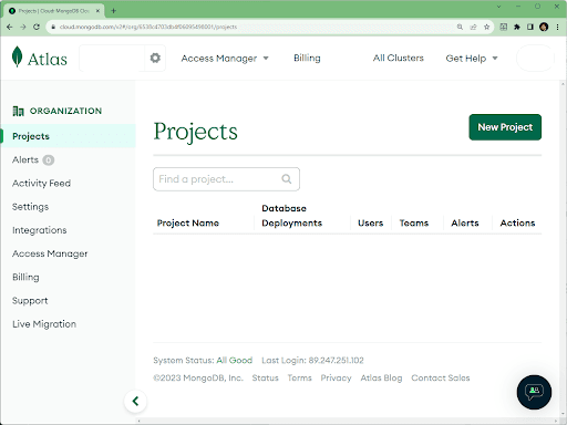 Mongo Atlas Projects page