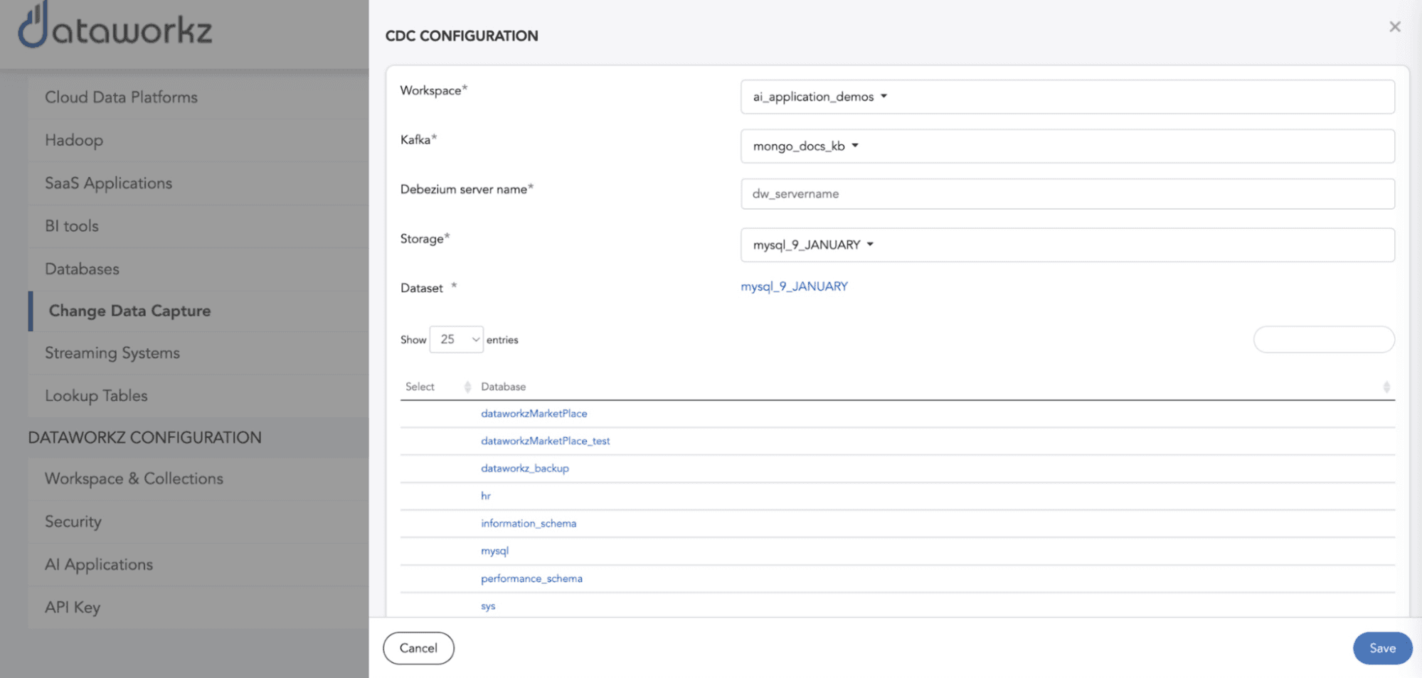 Dataworkz CDC configuration screen