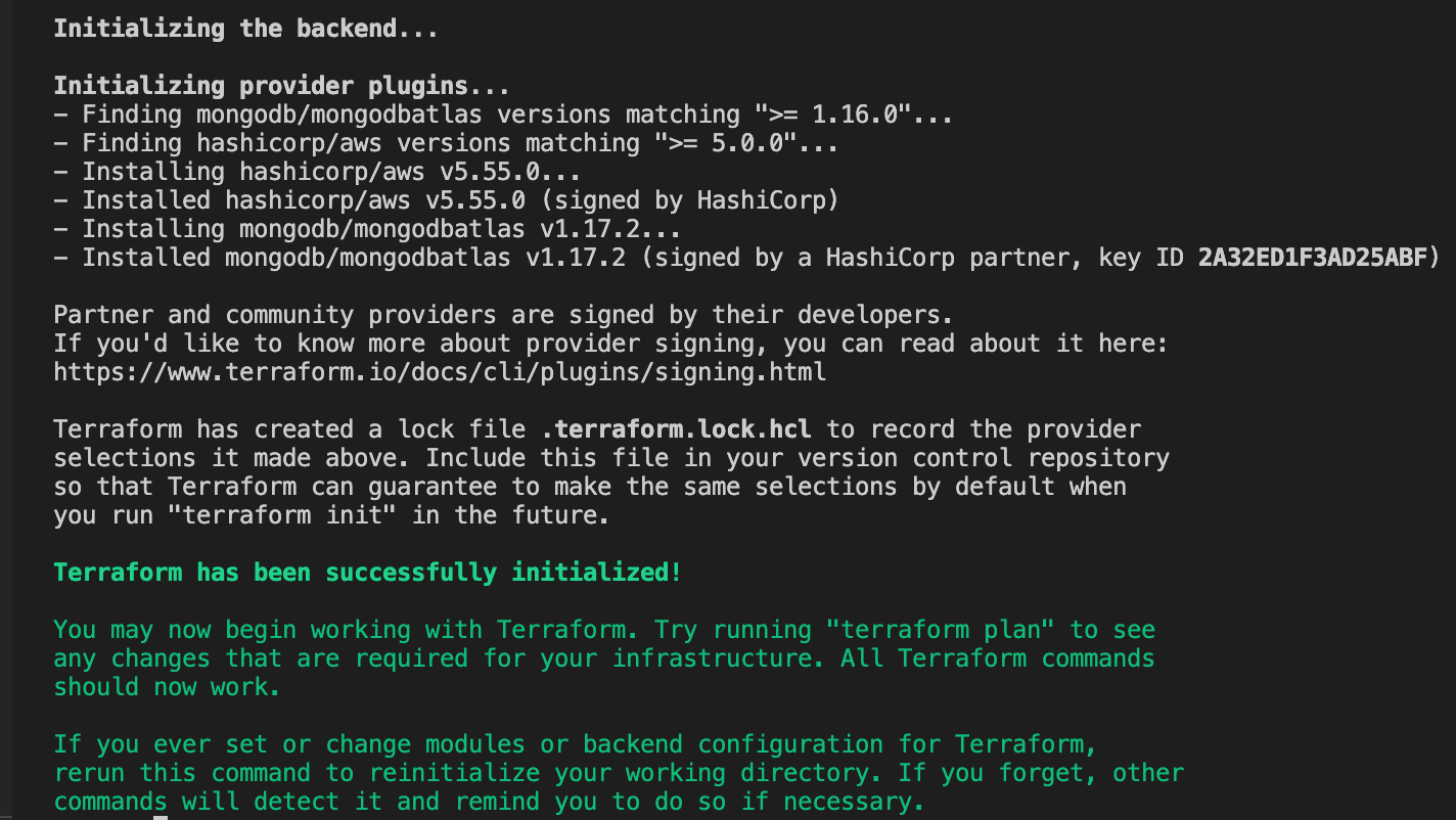 The screenshot shows that Terraform and the providers have been successfully initialized.