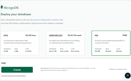 Mongo Atlas deployment screen