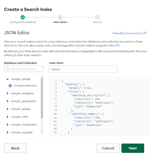 Completed index configuration in JSON format