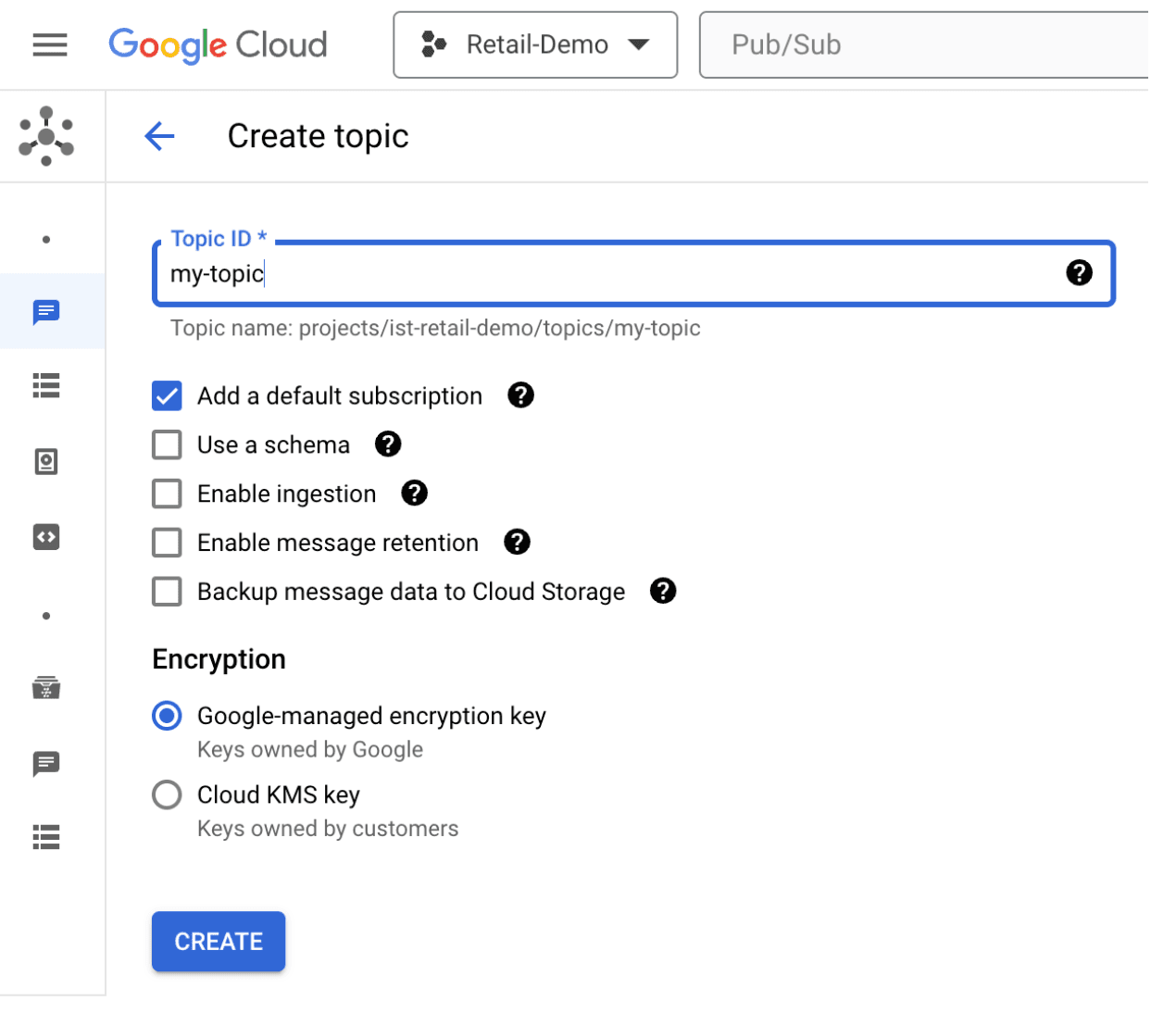Google Cloud create topic