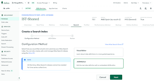 Overview of the JSON Editor functionality in the Search Configuration panel for MongoDB Atlas 