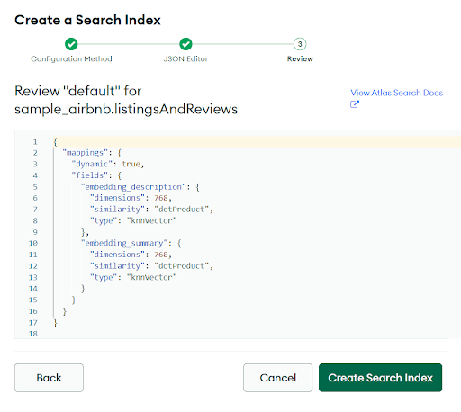 Confirming JSON configuration before creating an index