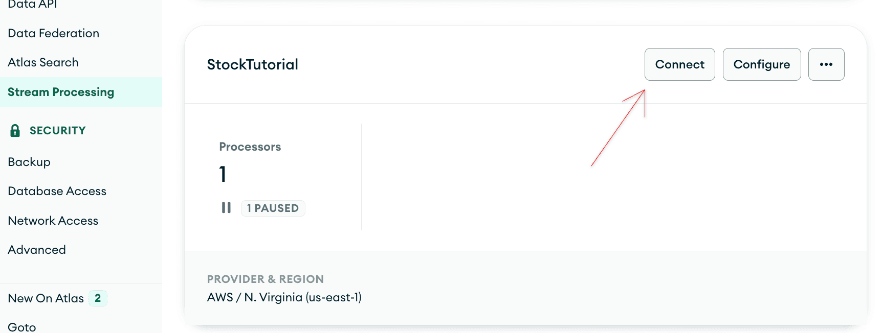 Atlas portal showing the StockTutorial Stream Processing instance