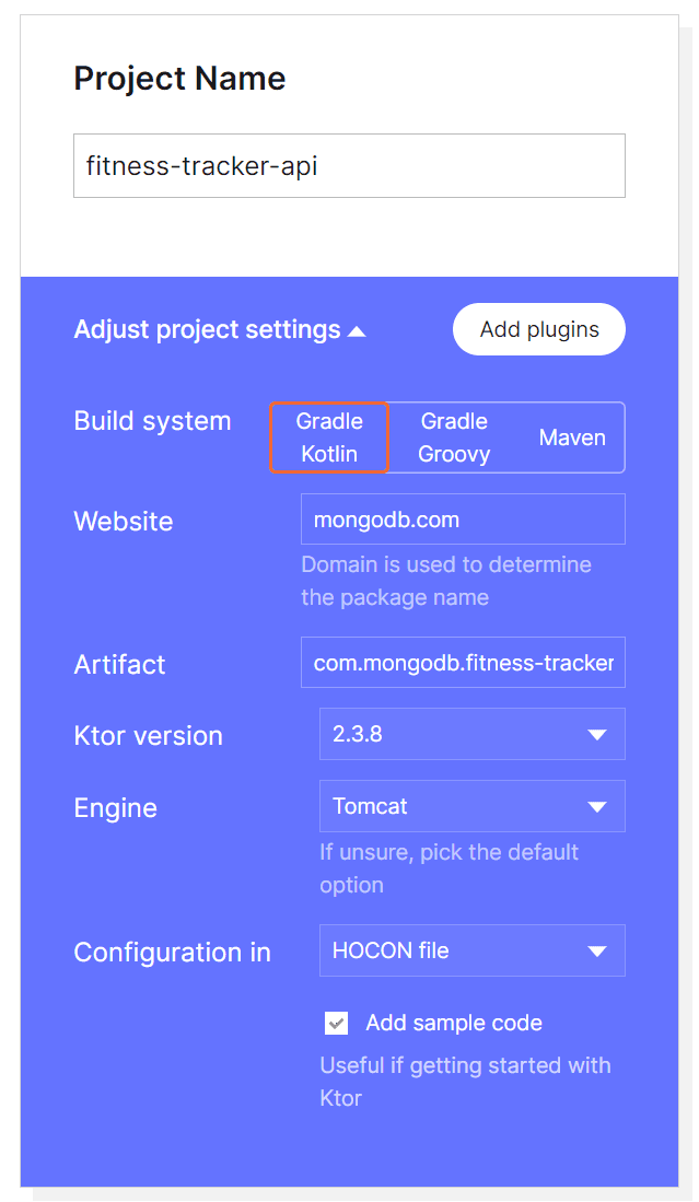 Ktor Project Generator - Adjusting project settings