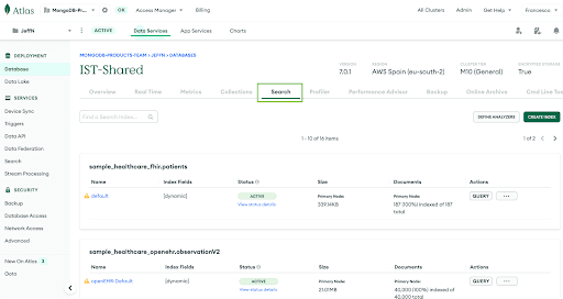 Overview of the Search configuration panel for MongoDB Atlas collections