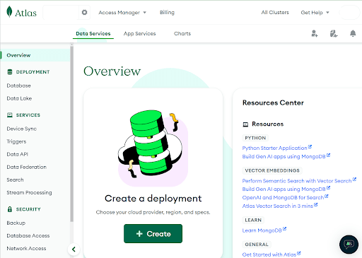 "Create a Deployment" screen on the "Overview" page.