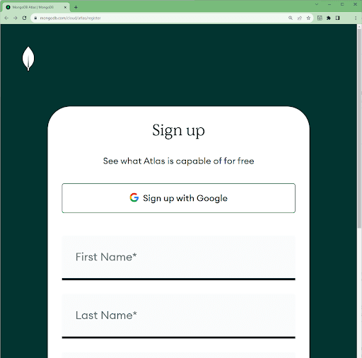 Mongo Atlas sign-up screen