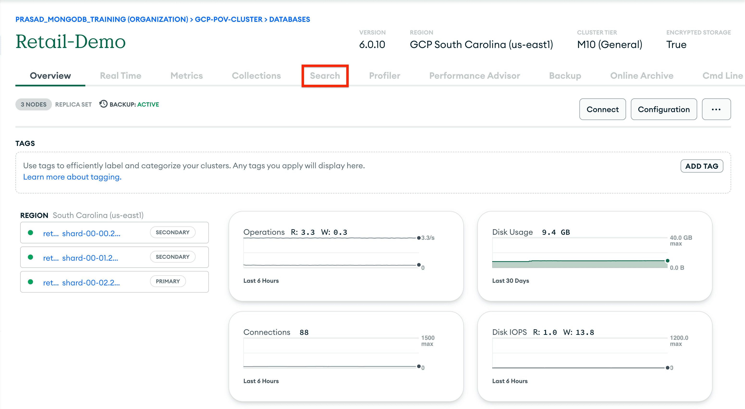 Overview of the Search configuration panel for MongoDB Atlas collections