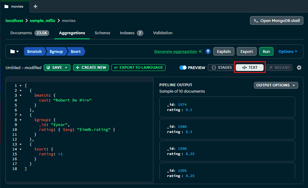 Use the "Text" button to switch to JSON view of the aggregation pipeline for easier copying