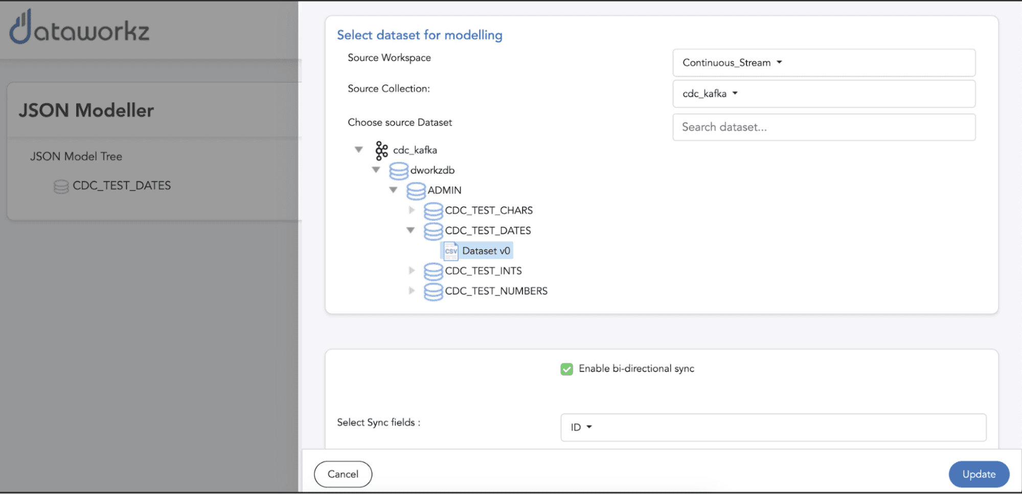 Workspace selection screen for CDC