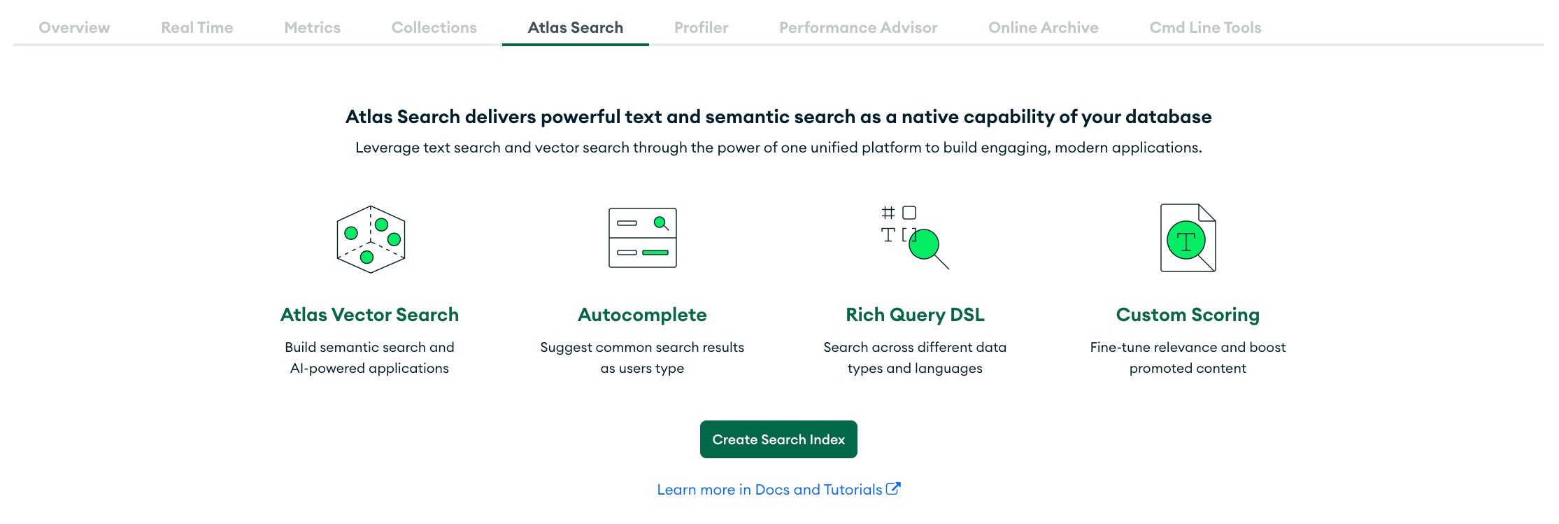 MongoDB Atlas dashboard interface showing the search tab