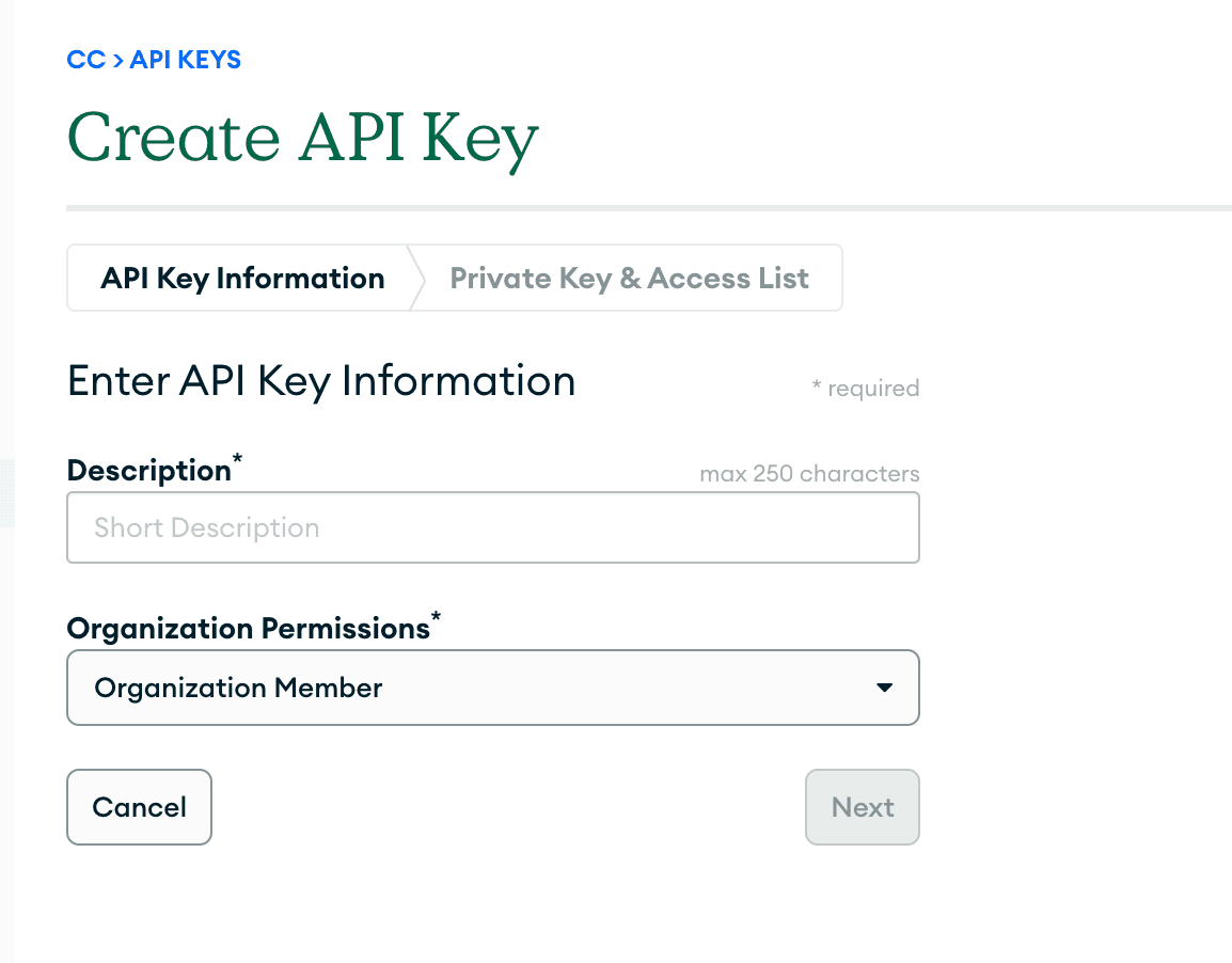 Capture for generating an API key* (screenshot from the Atlas UI representing creating API key section)