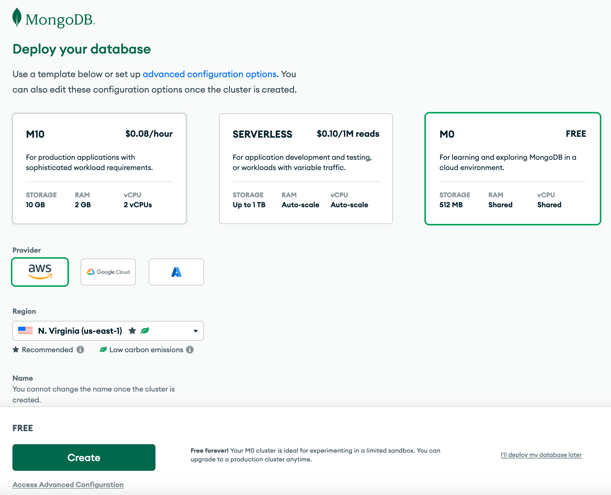 Selecting free tier