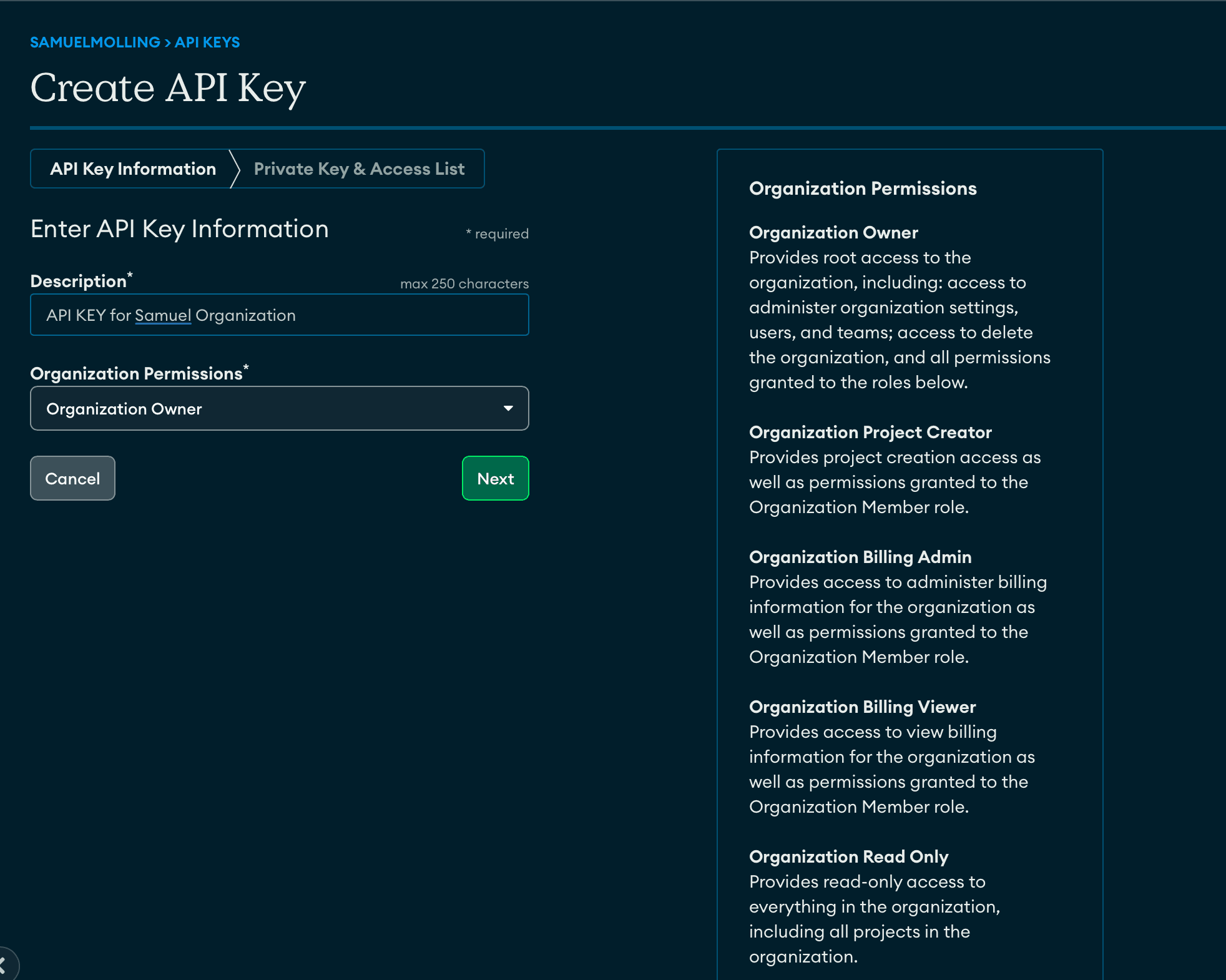 Screen to create your API key