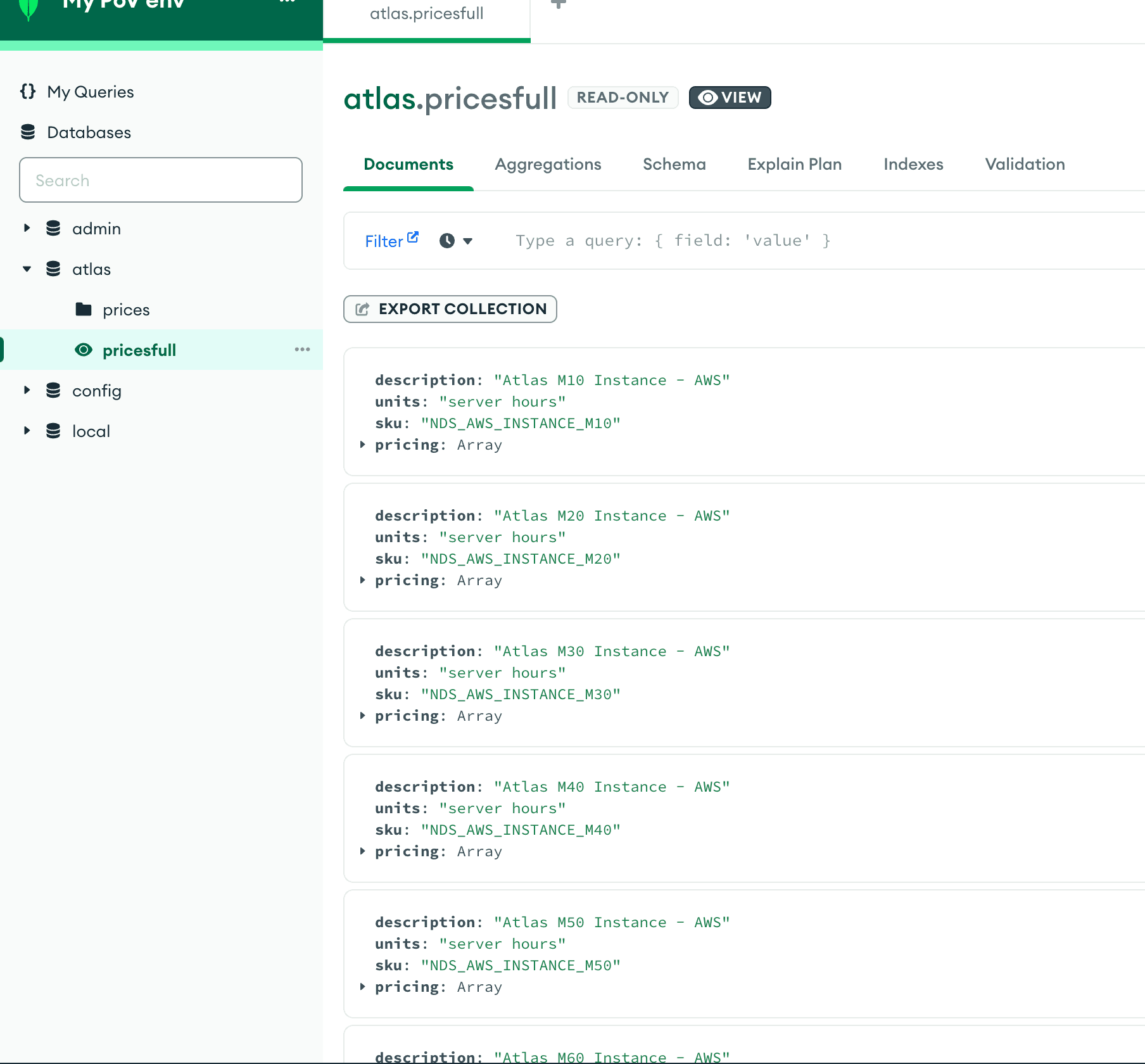 MongoDB Compass connected to your federated database instance to start running queries and analyzing your data