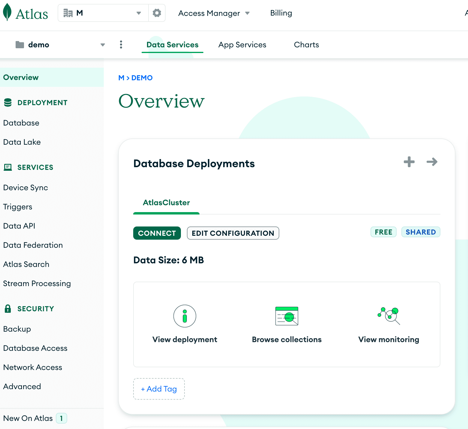 MongoDB Atlas Connect button display on overview screen