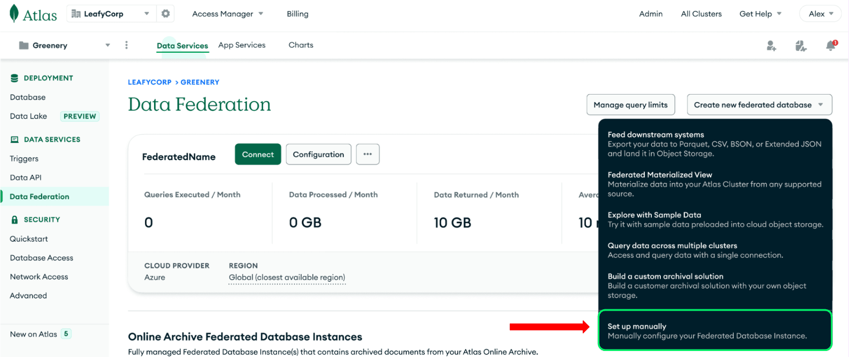 initial state of the Data Federation section of Atlas