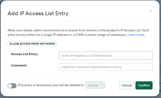 Modal window for entering information about specific IP address restrictions