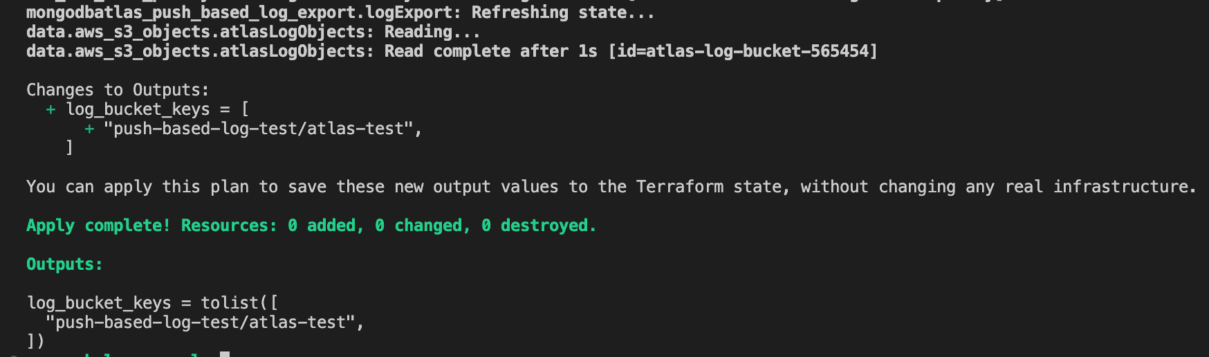 Terraform in terminal showing objects created in Amazon S3 bucket as outputs