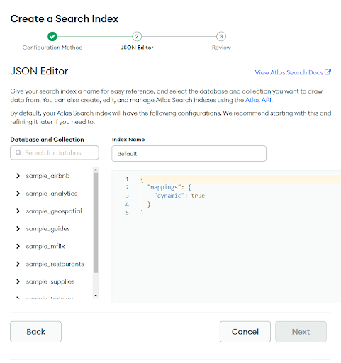 Configuring an index by specifying parameters in JSON format