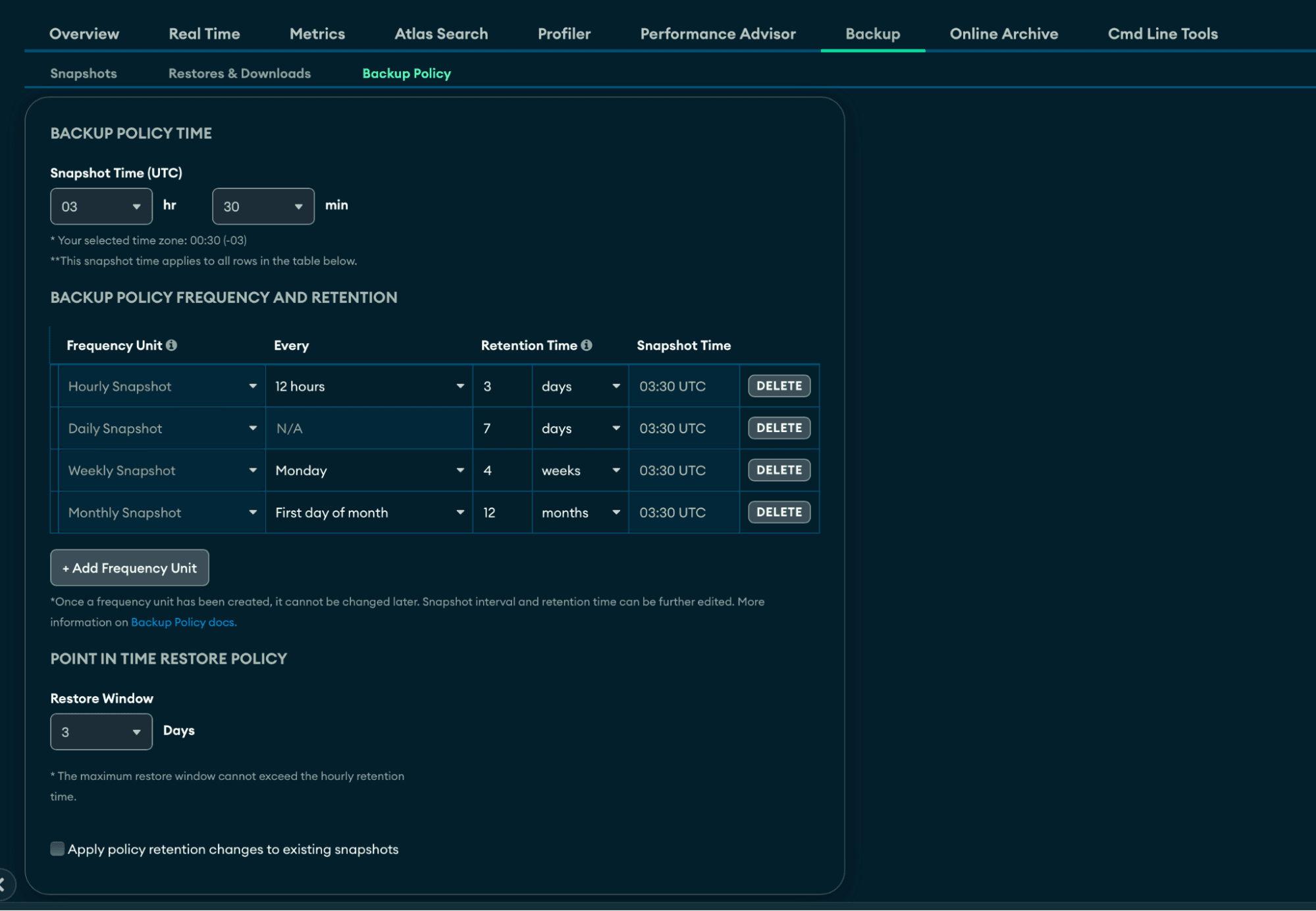 Atlas cluster Backup information screen