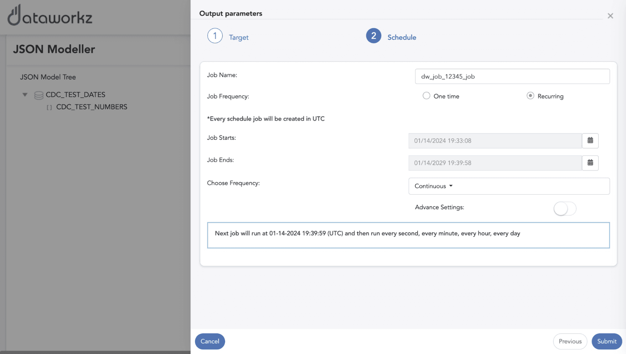 Dataworkz job frequency setitngs screen