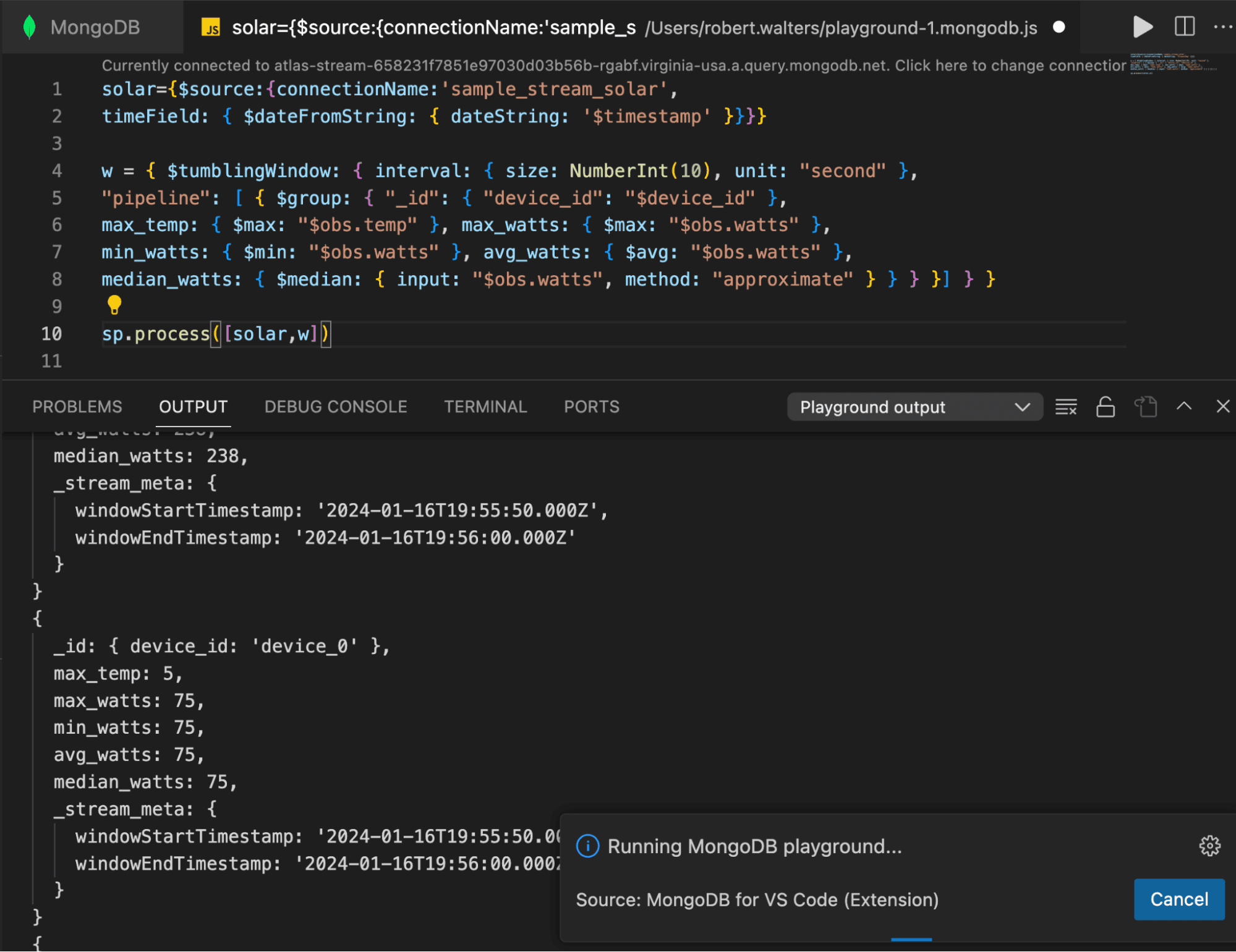 Sample pipeline code for a stream processor