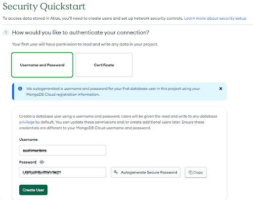 Adding a user and configuring security settings for a Mongo Atlas deployment