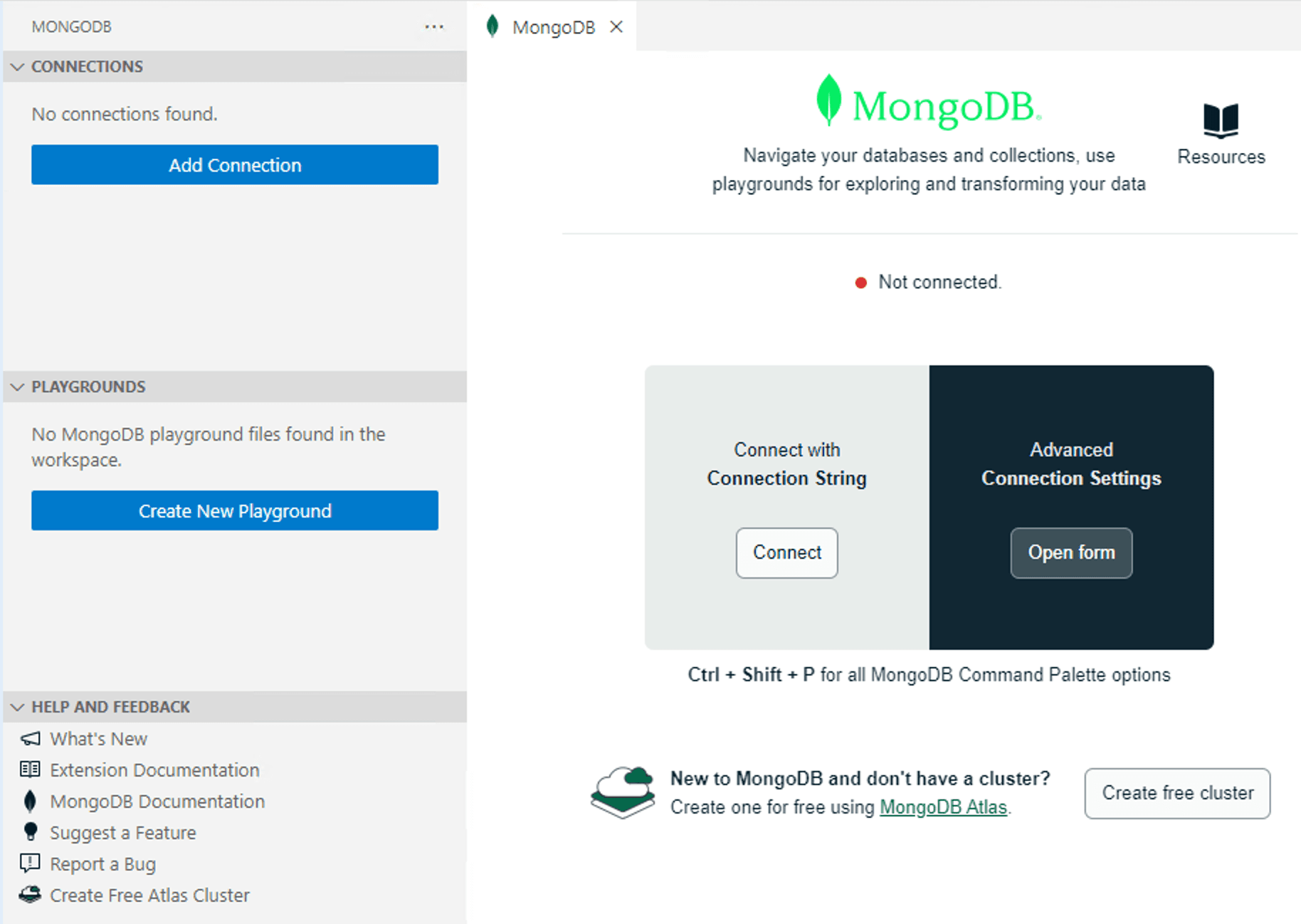 MongoDB extension dashboard showing Connect button