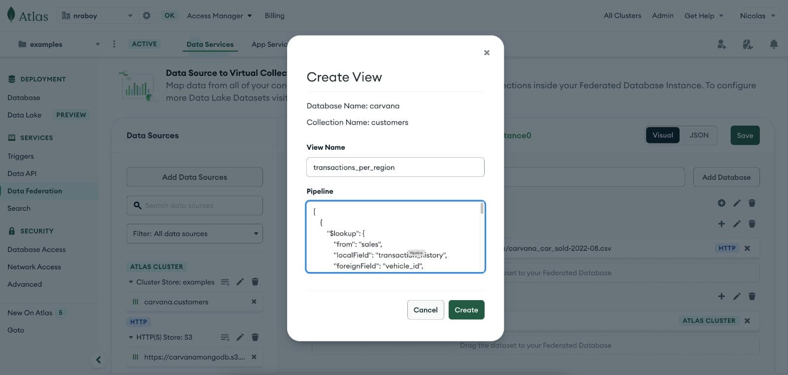 MongoDB Atlas Federated Database View