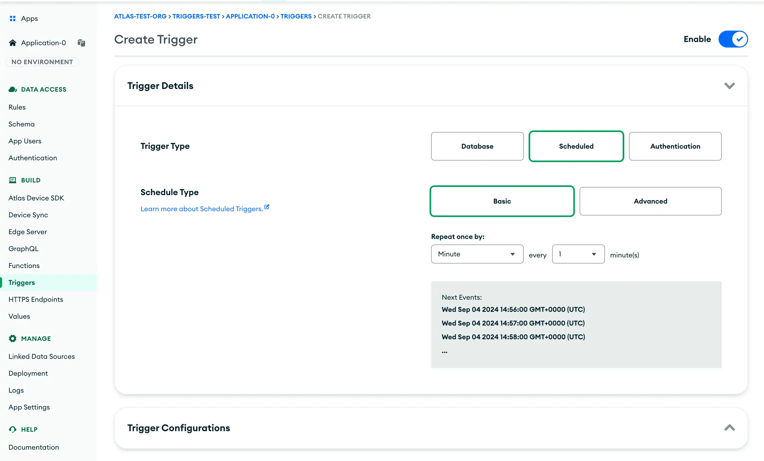 Creating a Trigger in the App Services UI.